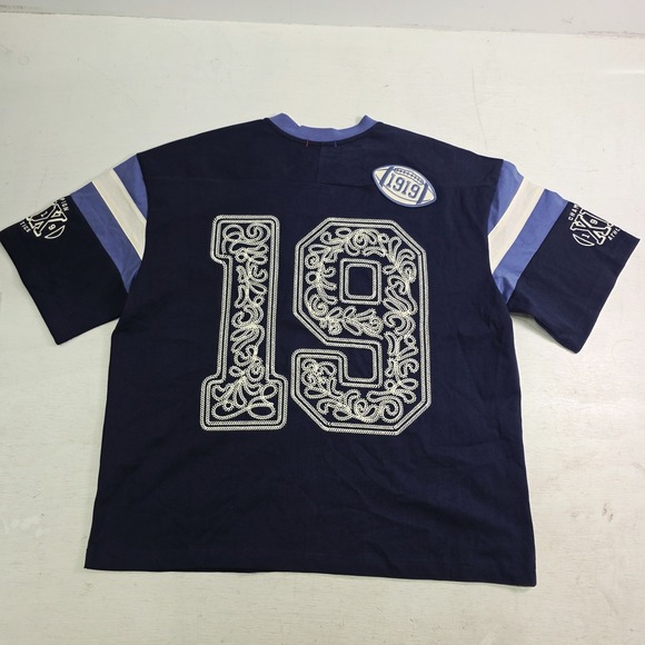 Champion Knitwear Men's V-Neck Retro Varsity Patch Jersey Shirt Navy Sz M NWT - Picture 8 of 14